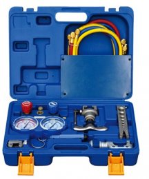 Инструмент для установки кондиционеров VALUE Набор инструментов для монтажа в пластиковом чемодане: вальцовка, манометры для R-410 со шлангами, труборез, ример